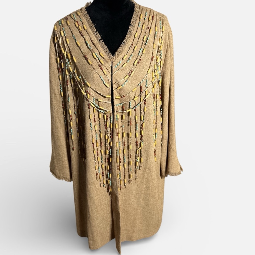 Randolph Duke The Look Tan Knit beaded fringe‎ trim cover up Cardigan Sz 24W
